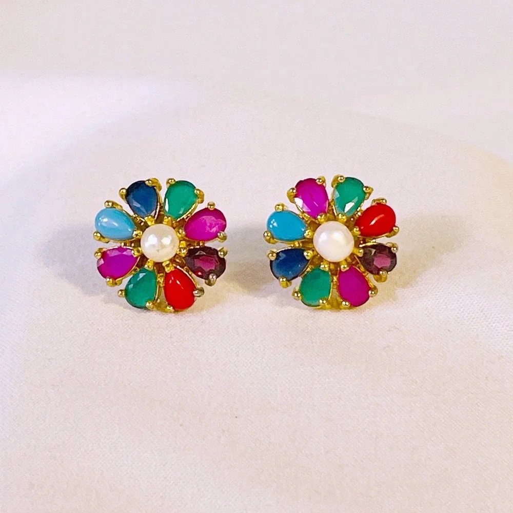 Vintage Multicolor Flower Stud Earrings Gold Tone Faux Pearl Jewel Tone‎ Floral